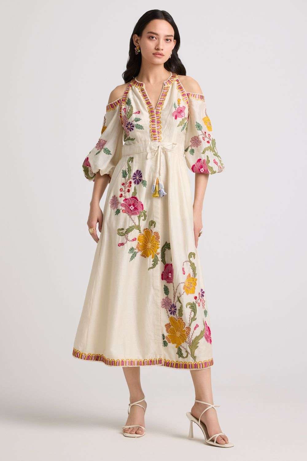 Ivory floral cold shoulder chanderi midi dress