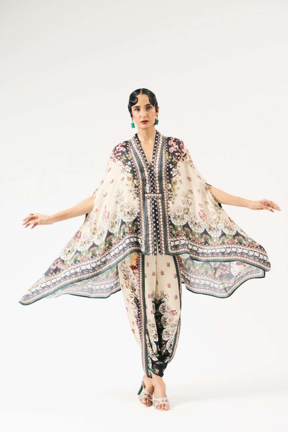 Beige Silk Printed Chloe Cape