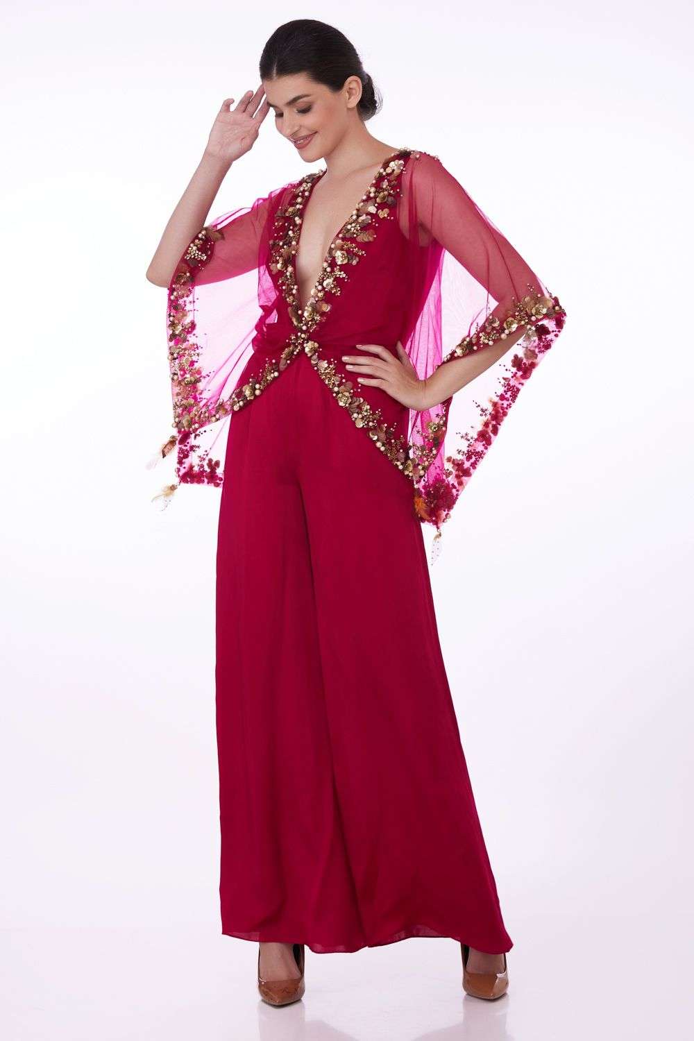 Ruby Pink Sequin Embellished Cape-Jumpsuit Set