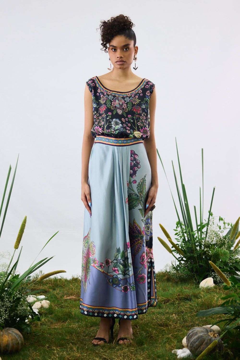 Powder Blue Printed Front Pleated Draped Skirt