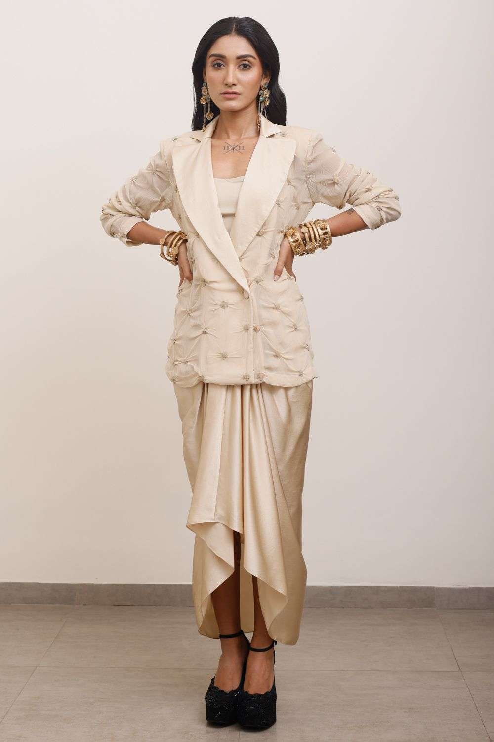 Buy AK-OK by Anamika Khanna Soft Beige Chiffon, silk Capes Cape Sets