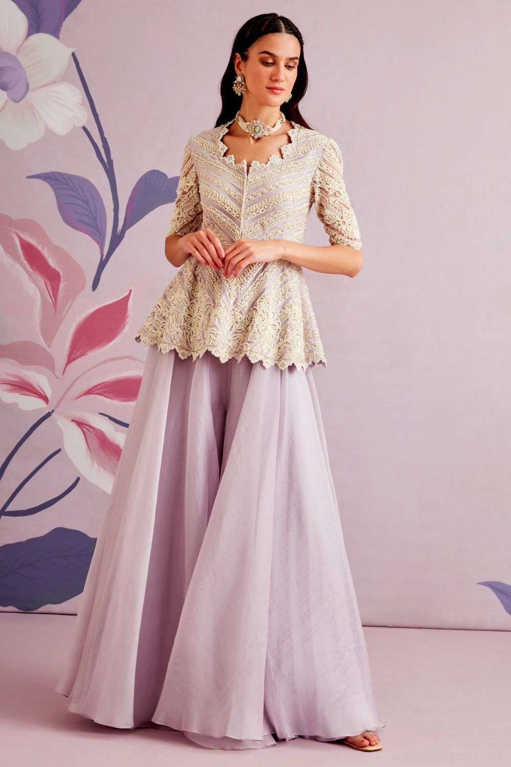Lilac embellished peplum sharara set