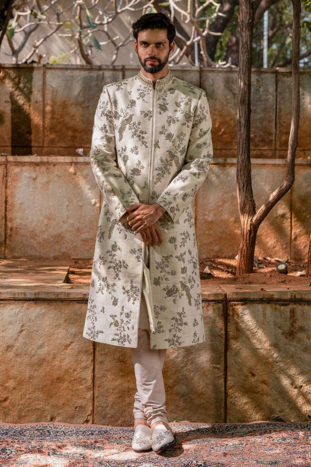 Beige zardosi embellished sherwani set