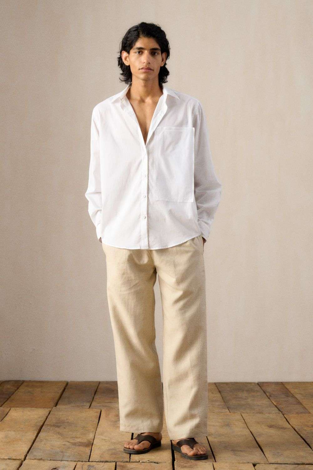 White Cotton Linen Shirt with Beige Pants