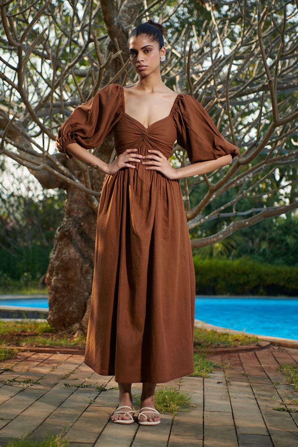 Mocha Brown Cotton Linen Front Twist Dress