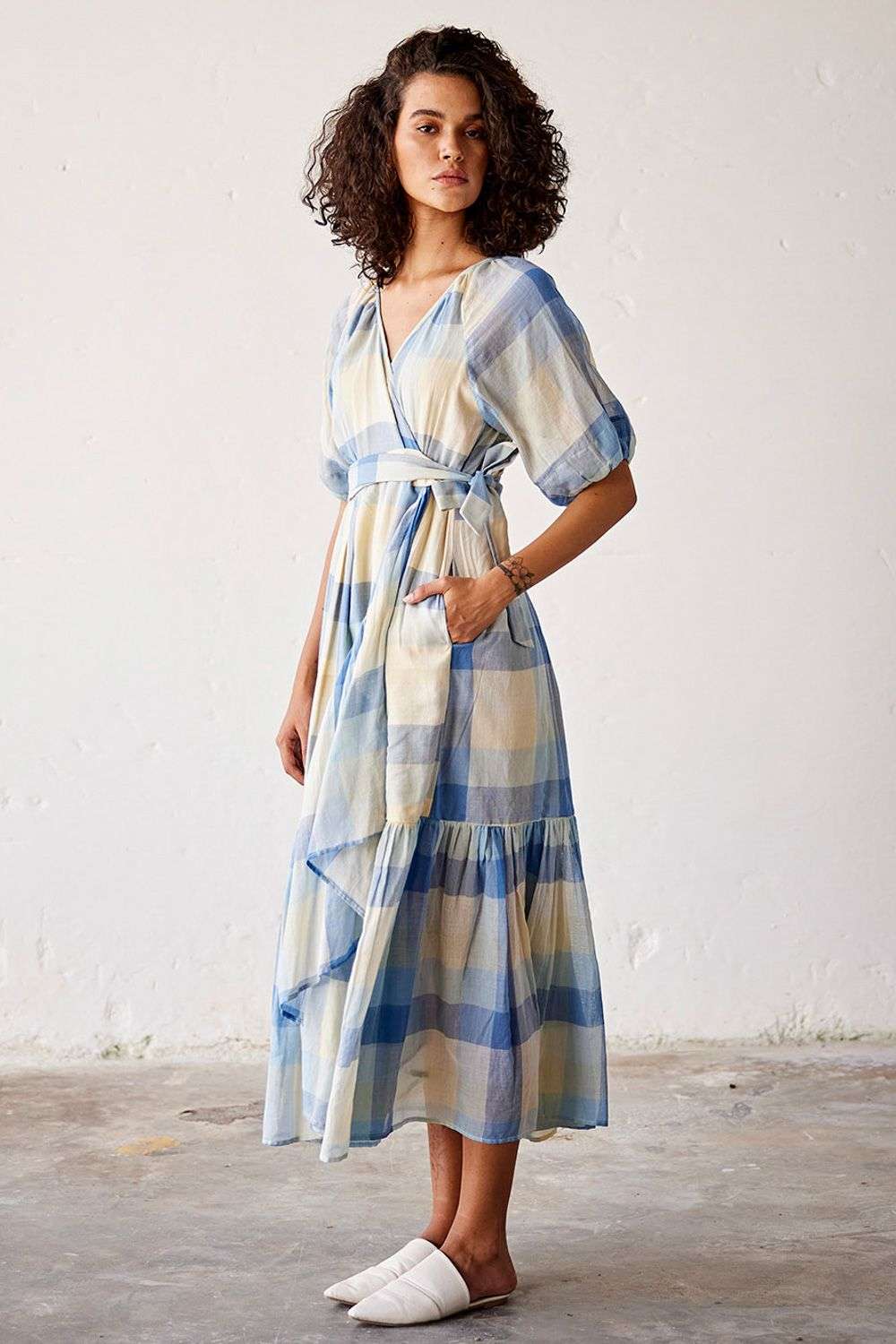 Cotton Checkered Wrap Dress Blue Checkered Wrap Dress