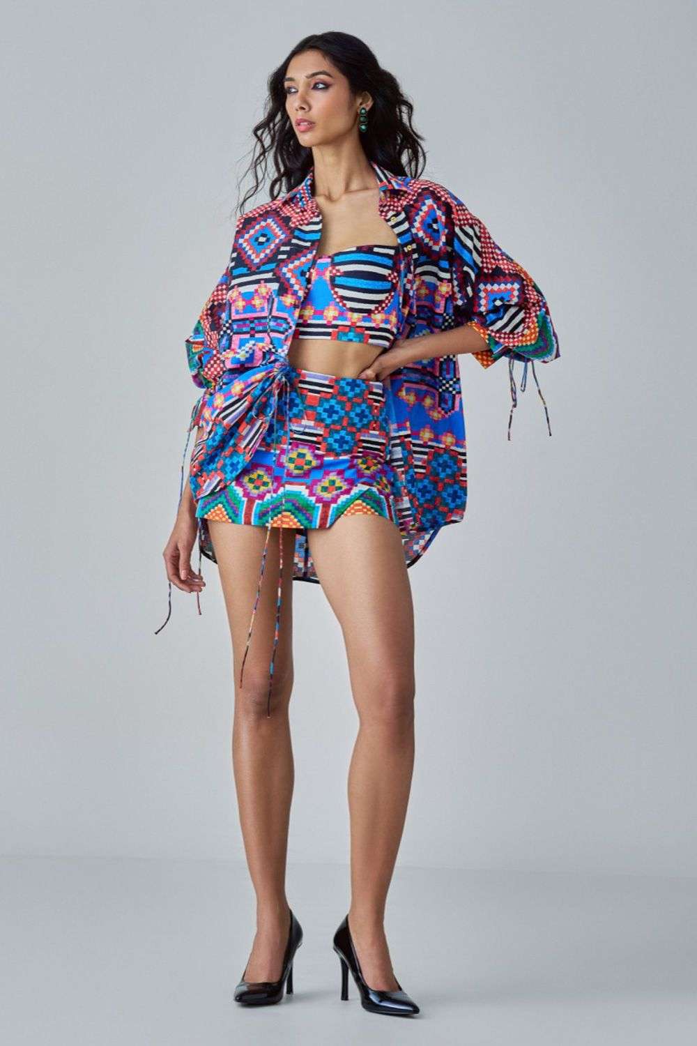 Blue multi colour satin sia blouse