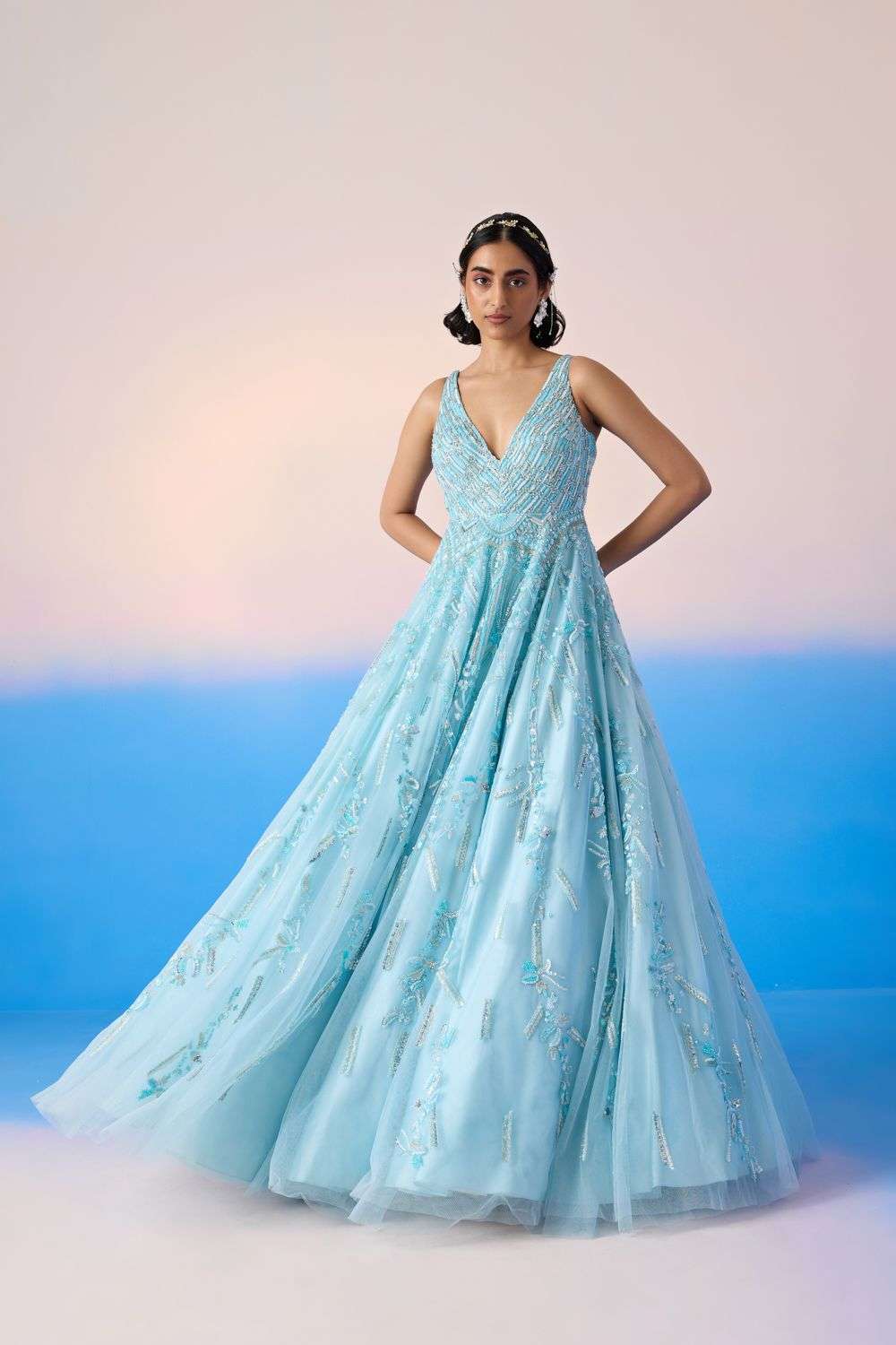 Buy Mirroir Soft Blue Organza Silk Satin Gowns