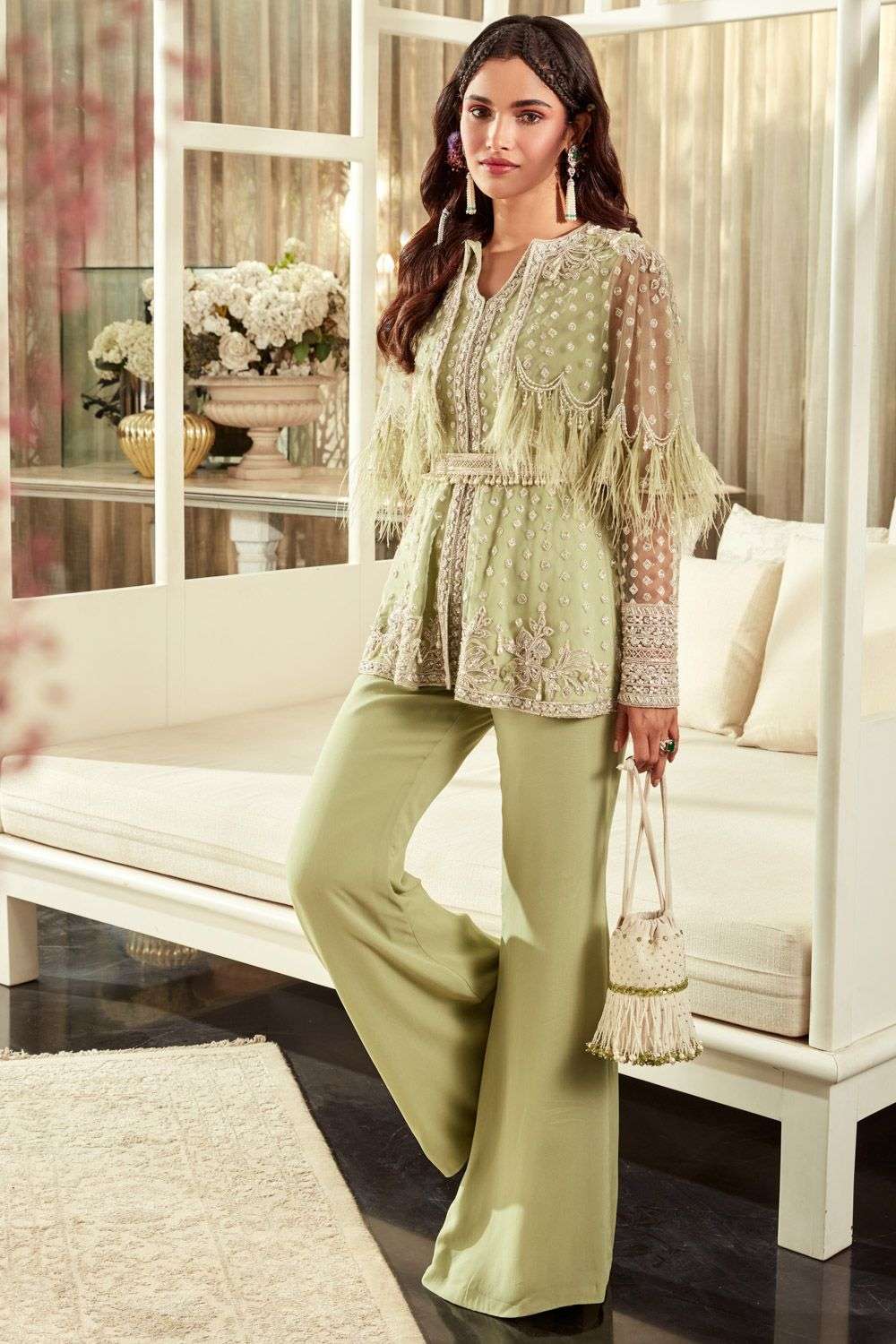 Buy Ridhi Mehra Soft Green Peplum- net, pants- georgette, belt