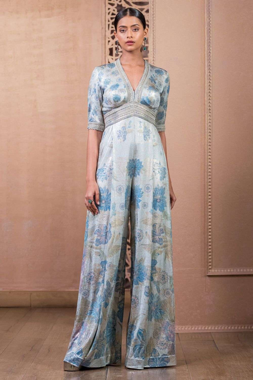 Buy Tarun Tahiliani Soft Blue Foil Jersey Jumpsuits