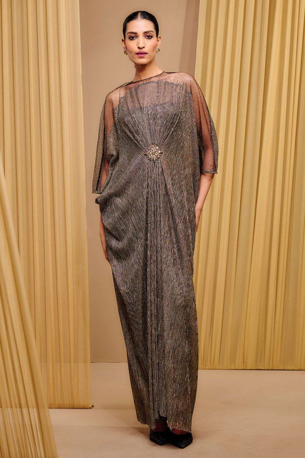 Antique Gold Crinkle Tulle Kaftan Dress