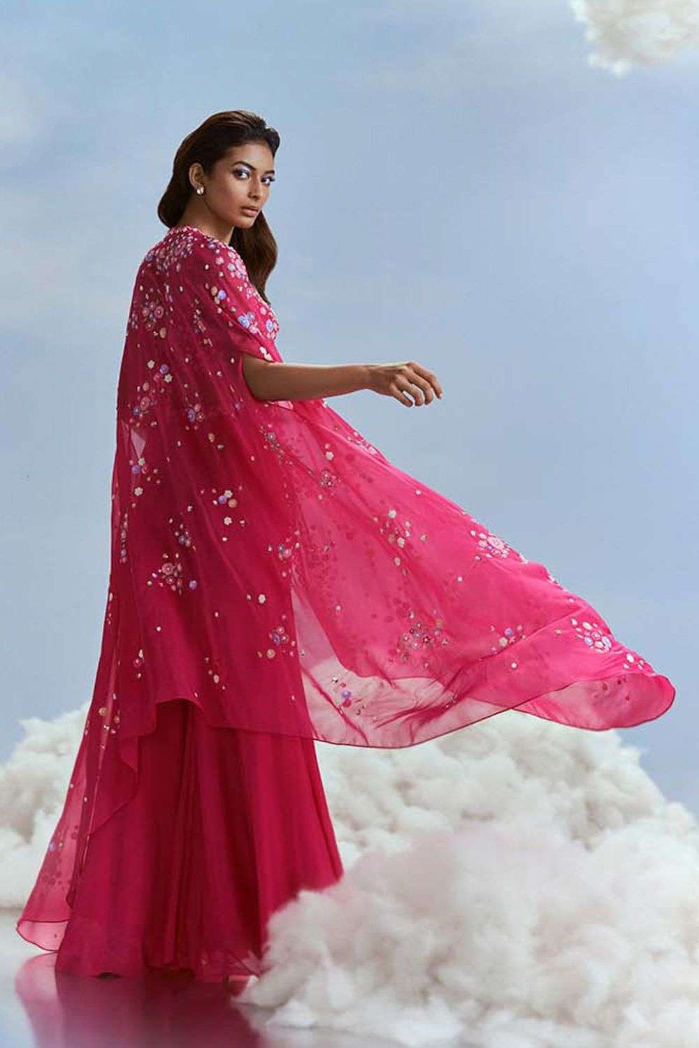 Buy Nachiket Barve Soft Pink CAPE- CHIFFON; CROP TOP - ORGANZA