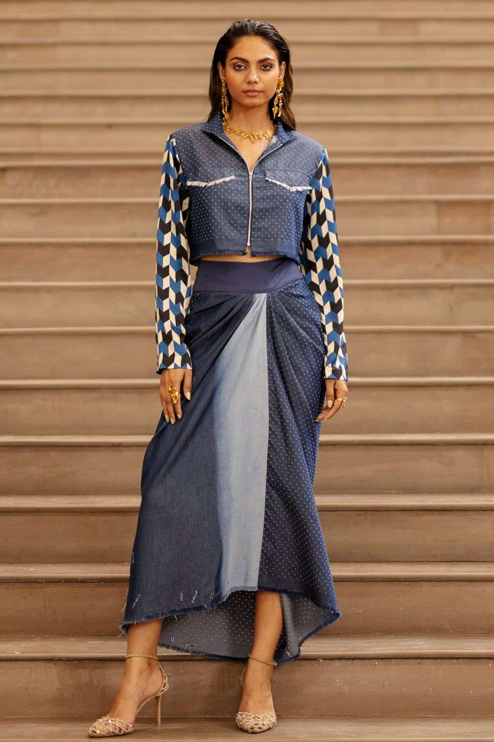 Denim Blue Stitched Denim Jacket &Skirt