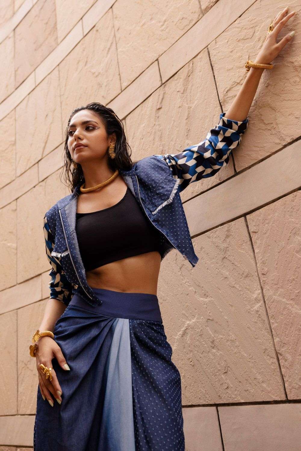 Denim Blue Stitched Denim Jacket &Skirt