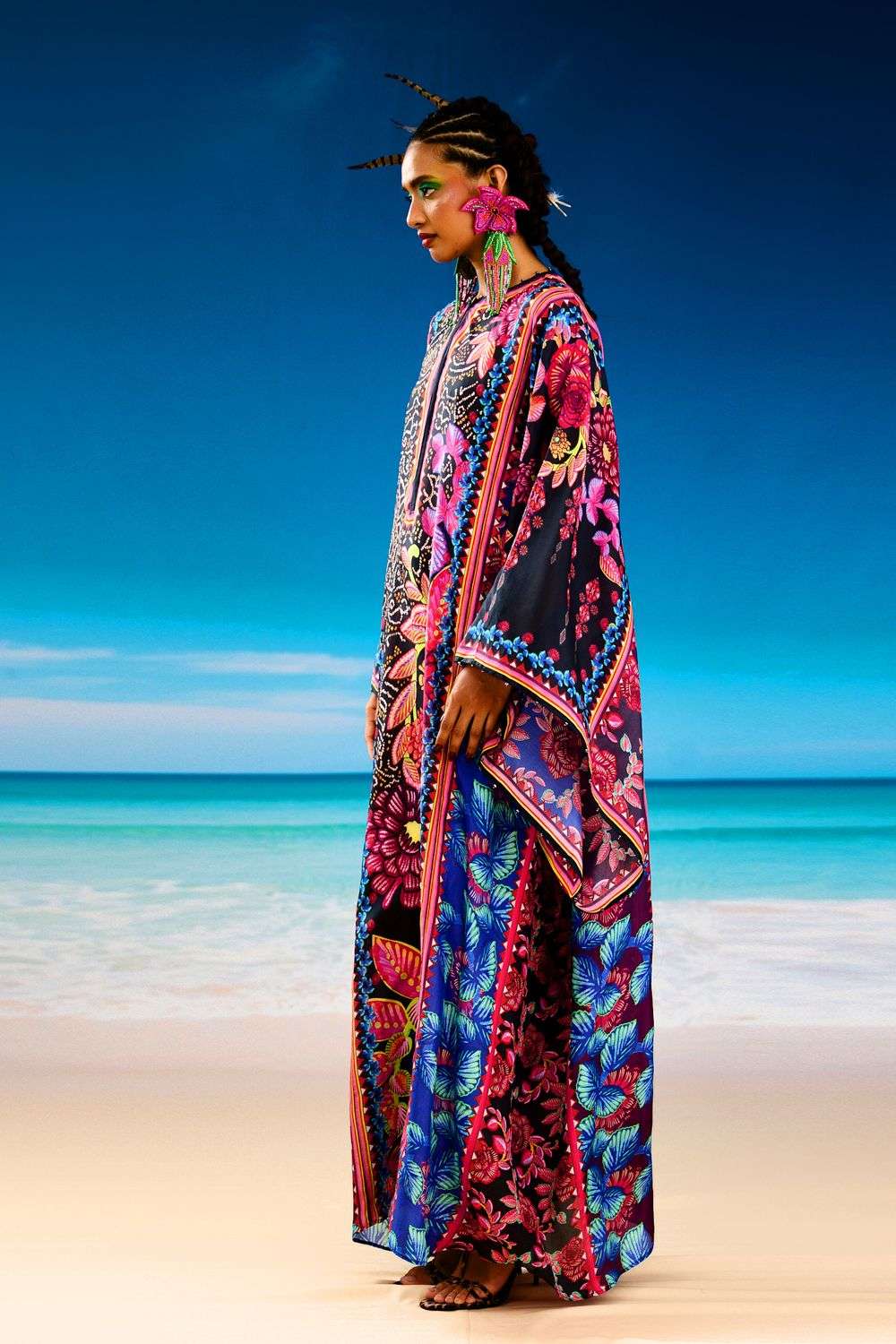 Black Silk Printed Kimono-Sleeve Kaftan