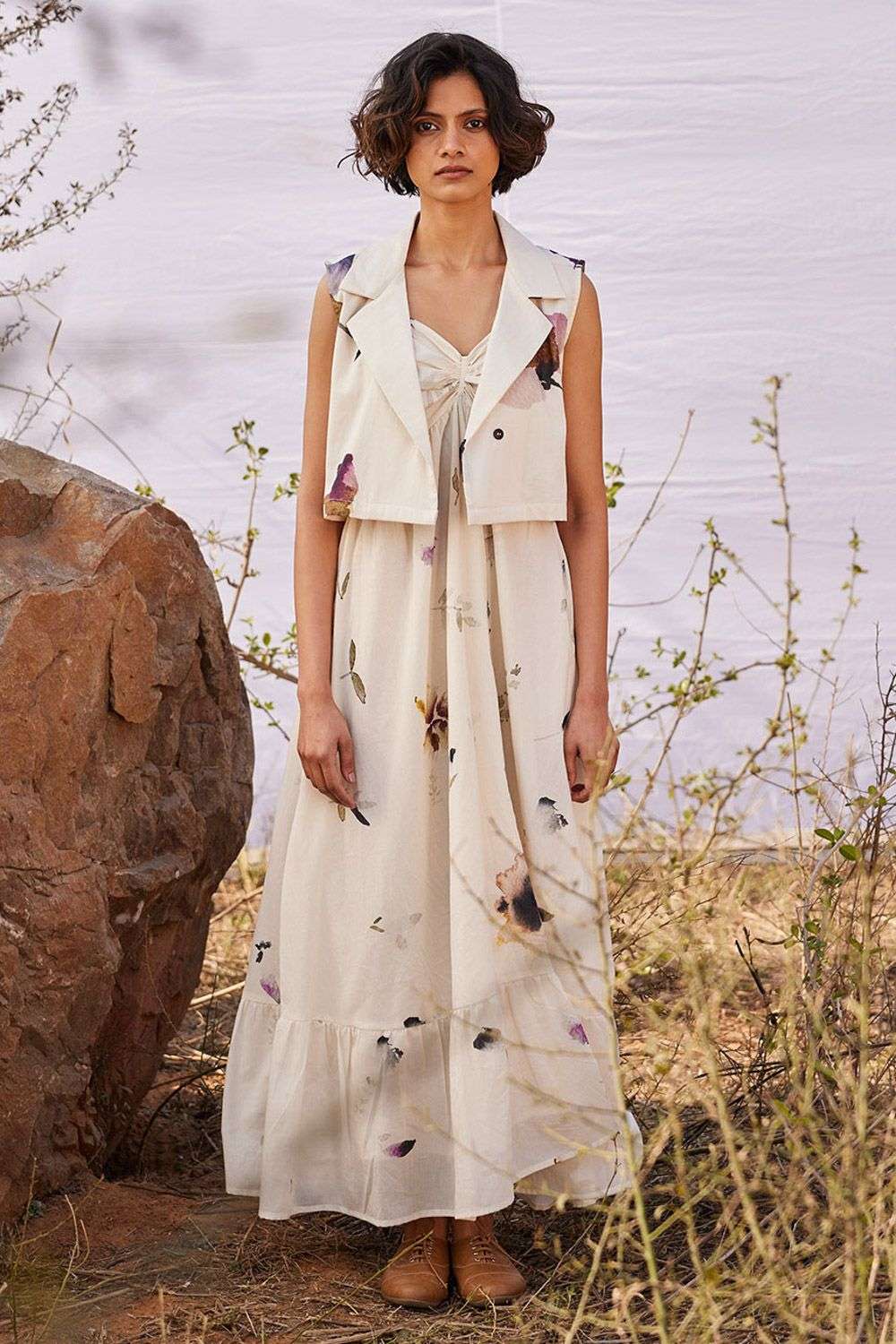 Kharakapas Designer White Maxi Dress Ecru Cotton Mul Rain Forest