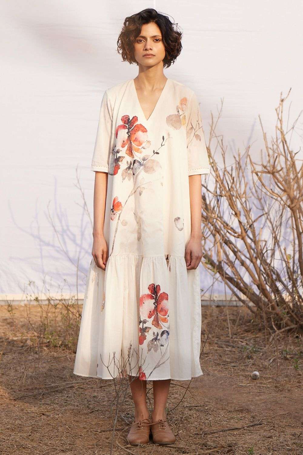 Ecru cotton floral print surfinia dress - Main Image