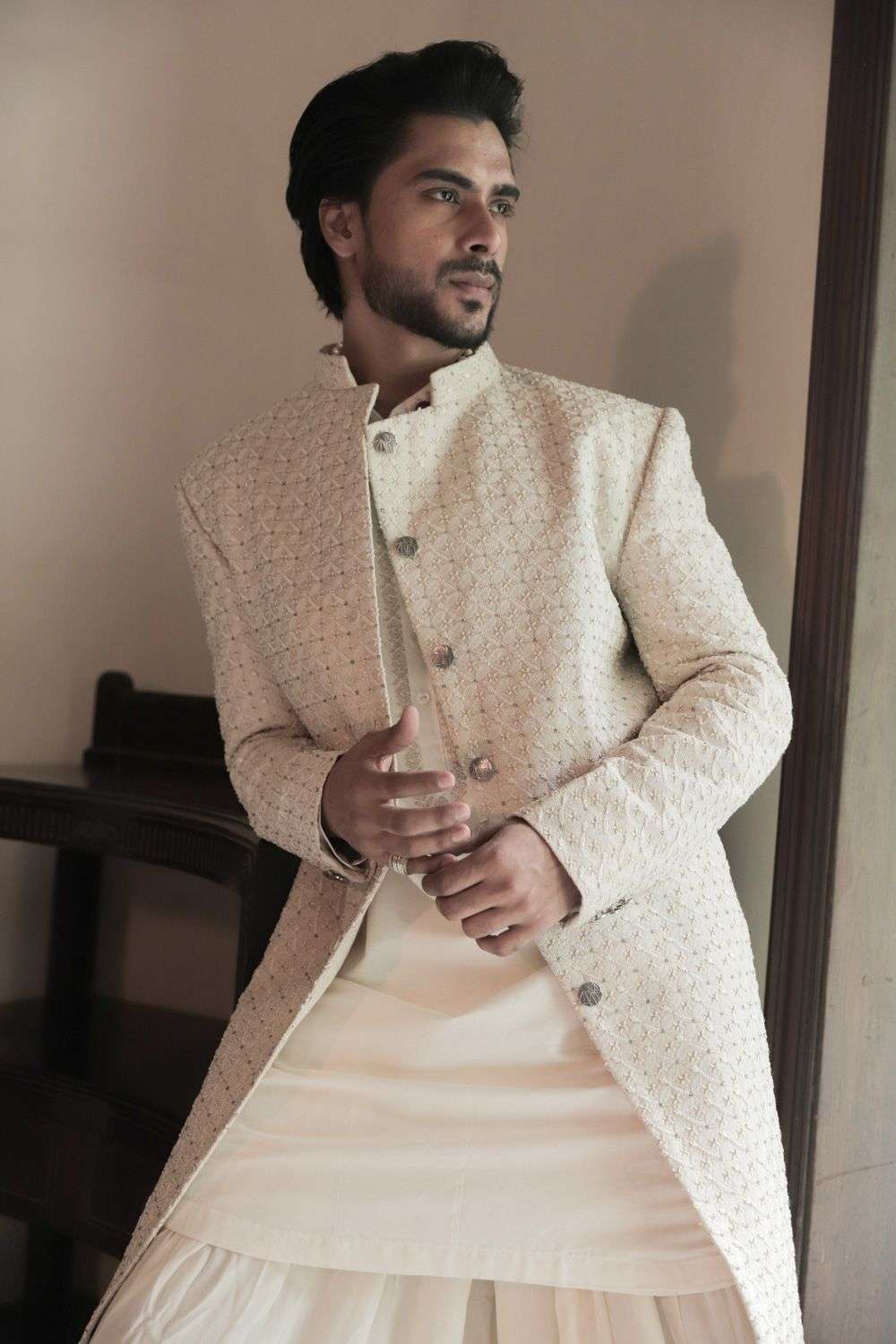Buy Off White Silk Kaavish Beaded Sherwani Designer Wear Ensemble
