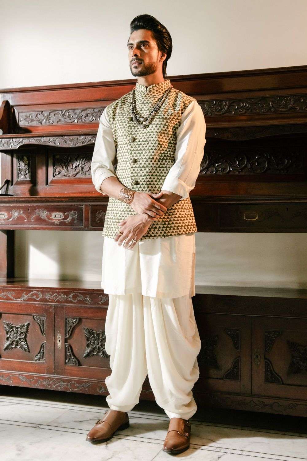 Buy Olive Silk Gunjan Embroidered Nehru Jacket Designer Wear Ensemble