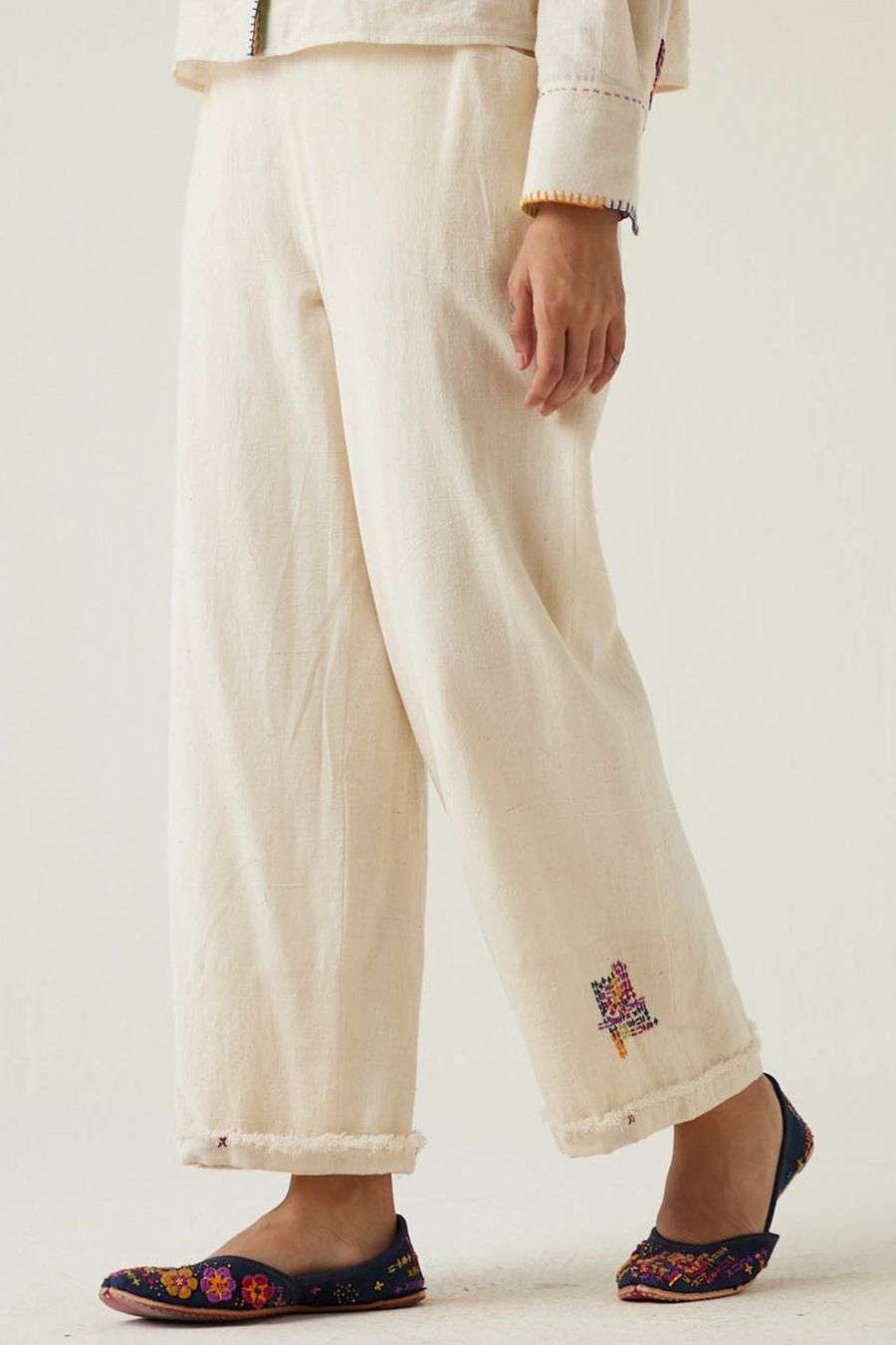 White Handwoven Khadi Cotton Embroidered Trousers