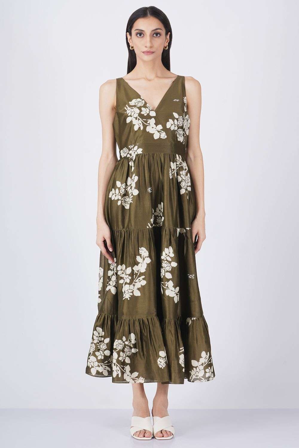 Olive petal print tiered dress