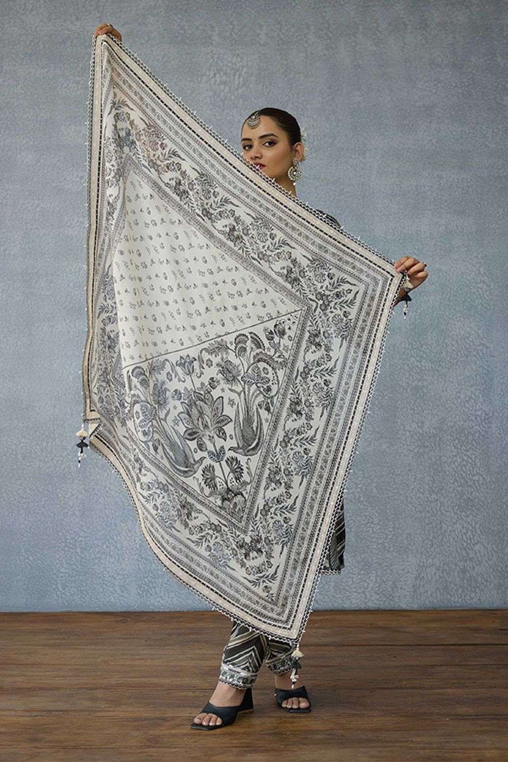 Black White Georgette Printed Embroidered Scarf