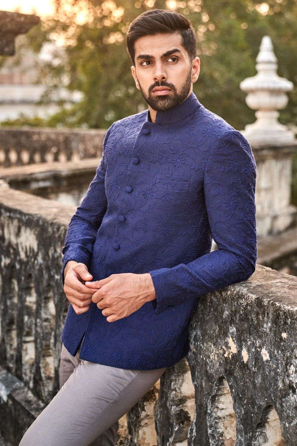 Buy Jayanti Reddy Men Soft Blue Silk Chikankari Bandhgalas