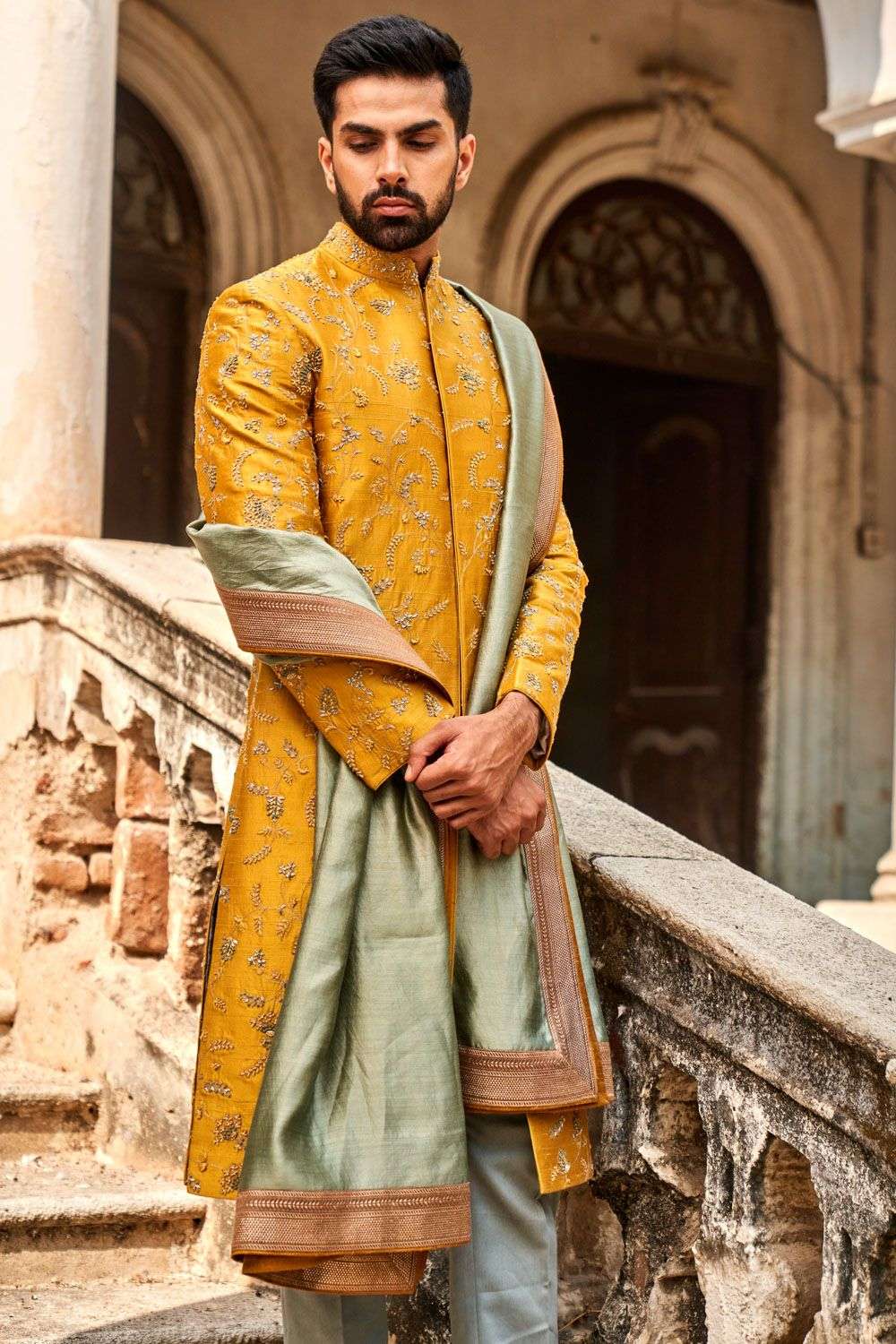 Buy Jayanti Reddy Men Soft Yellow Raw silk silk Zardosi Sherwanis