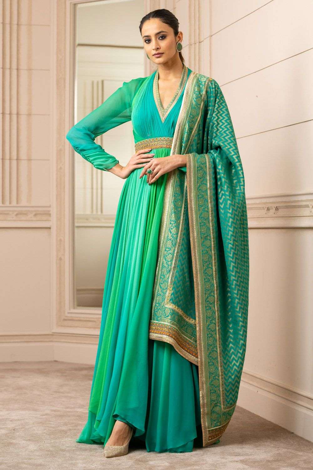 Buy Tarun Tahiliani Soft Green Anarkali shot chiffon dupatta handloom churidar stretch net Anarkalis