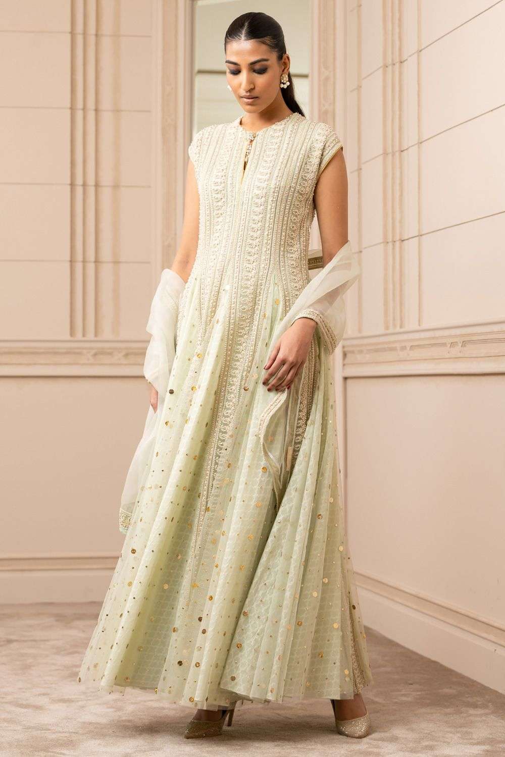 Buy Tarun Tahiliani Soft Green Anarkali georgette churidar strech net scarf sheer silk Anarkalis