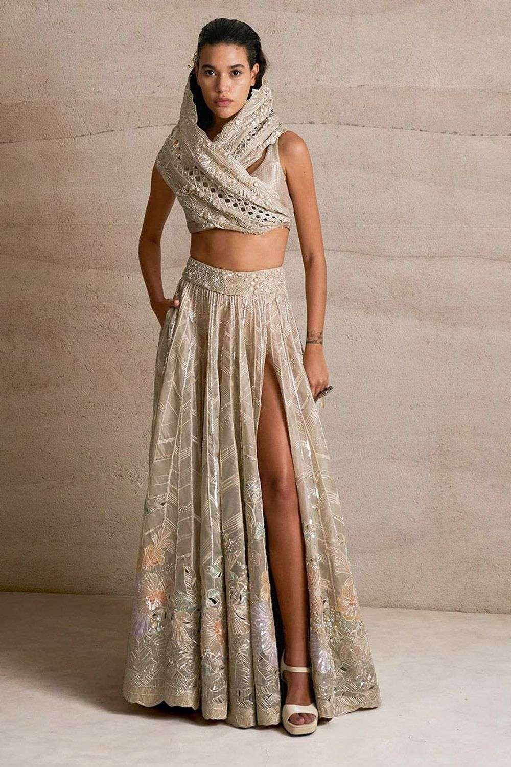Buy Varun Nidhika Soft Beige Silk organza Lehengas