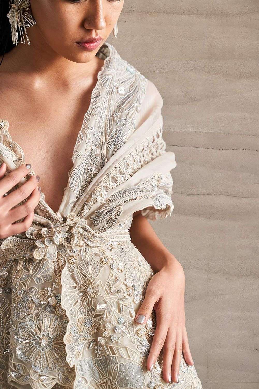 Buy Varun Nidhika Soft Ivory Dress: silk Organza, Cape: Silk