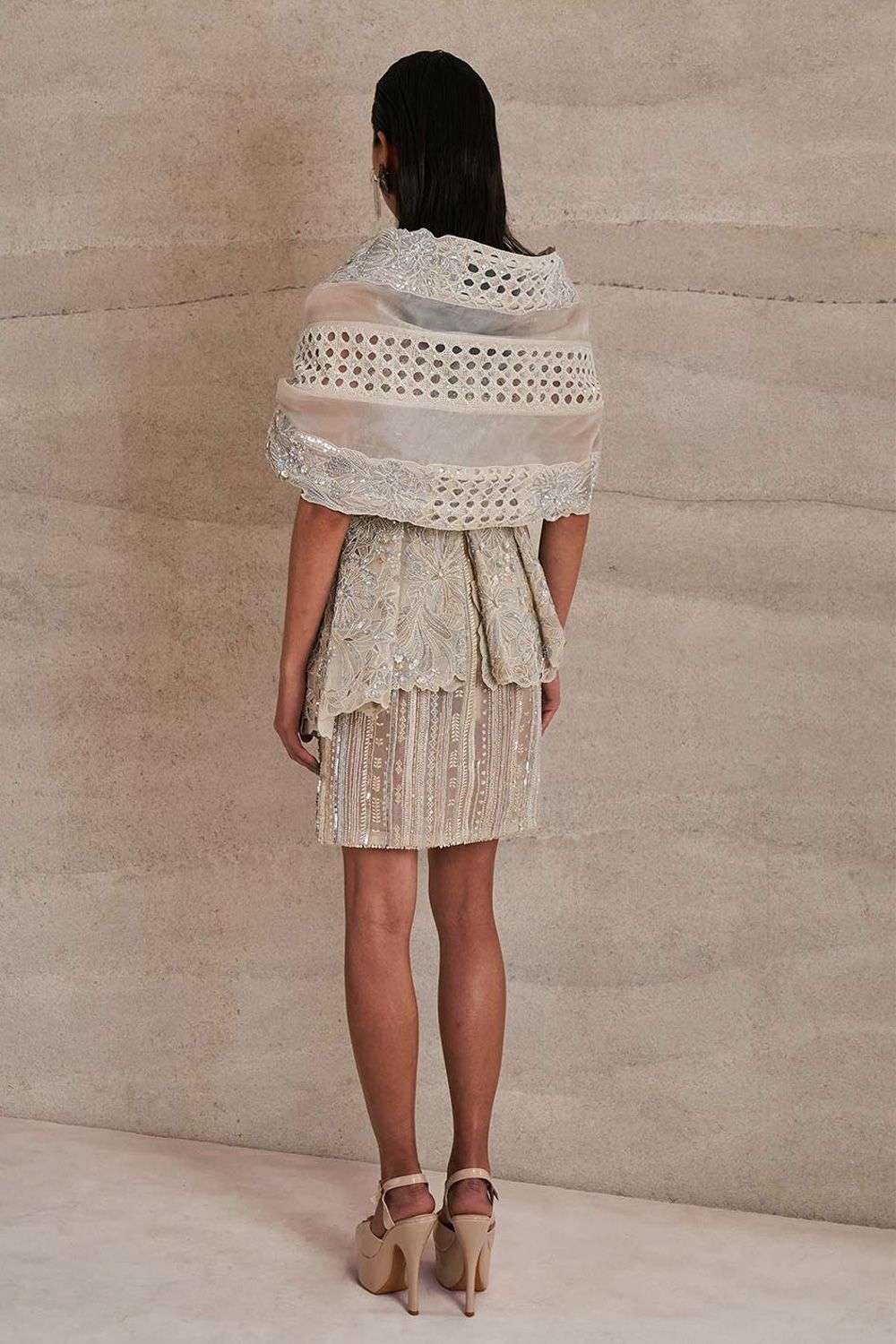 Buy Varun Nidhika Soft Ivory Dress: silk Organza, Cape: Silk