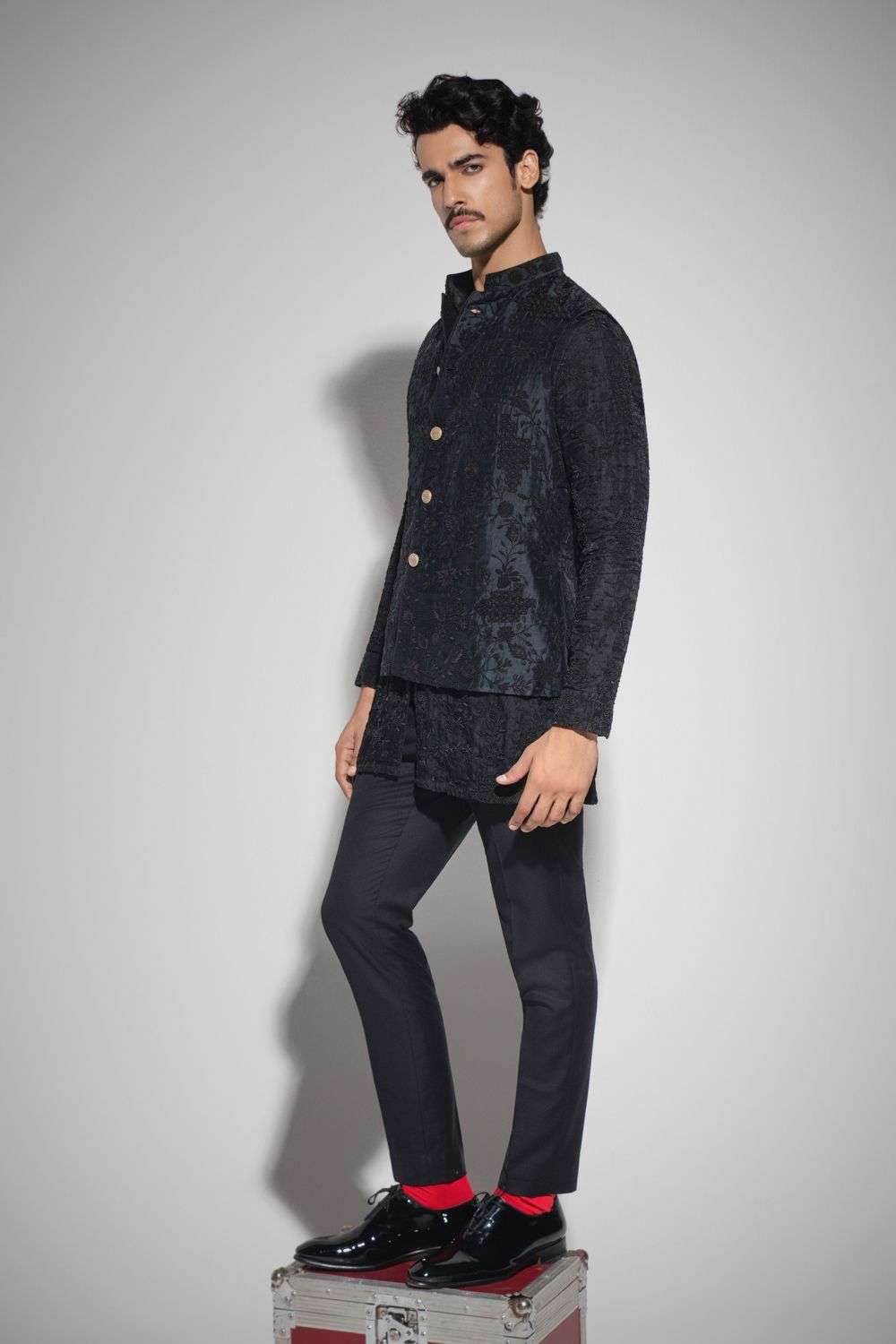 Buy Arjan Dugal Soft Black Nehru Jacket-Banarasi Fabric | Kurta