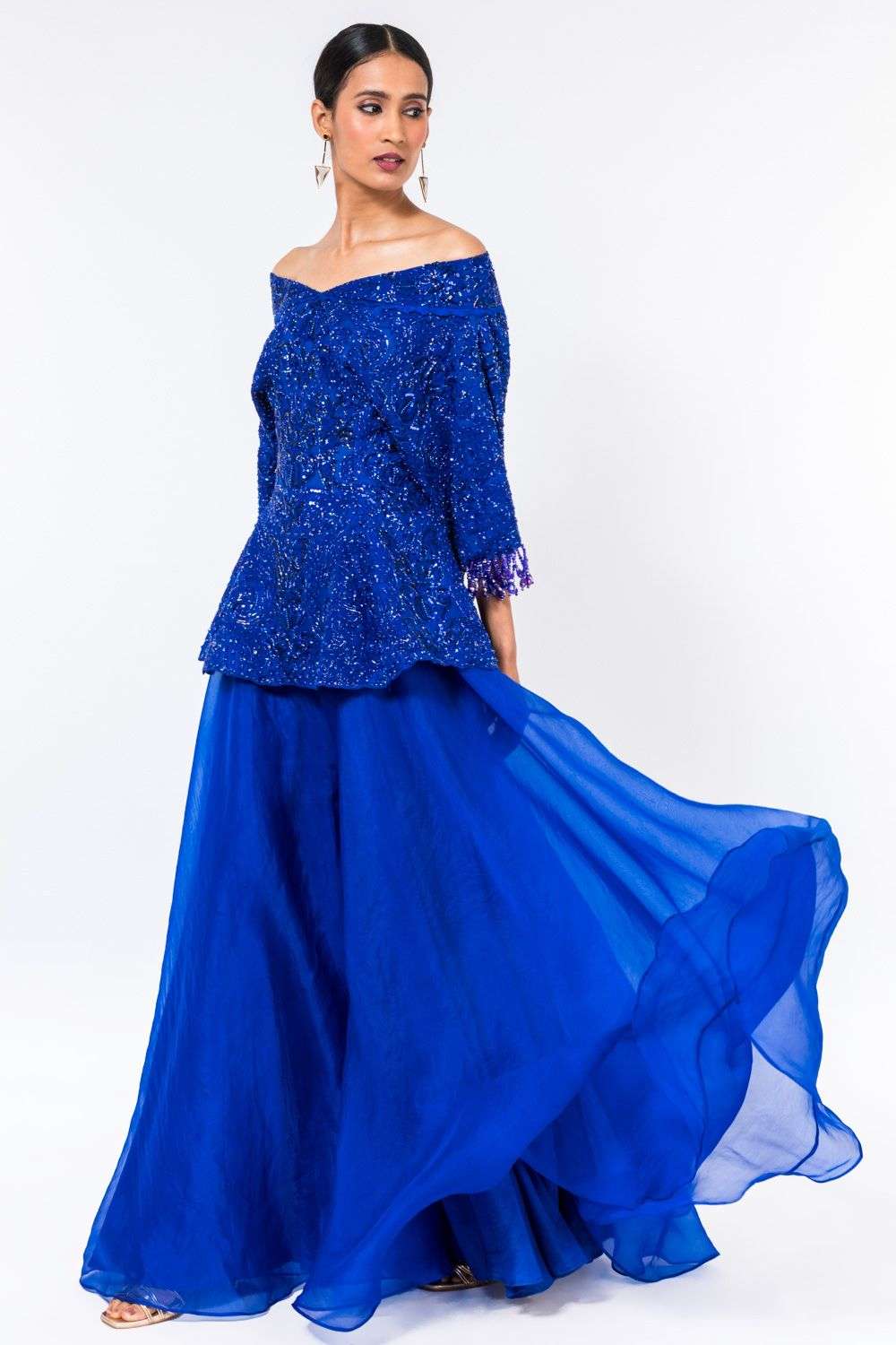 Buy Asira Soft Blue Organza Bugle bead, sequins, zardosi Sharara Sets