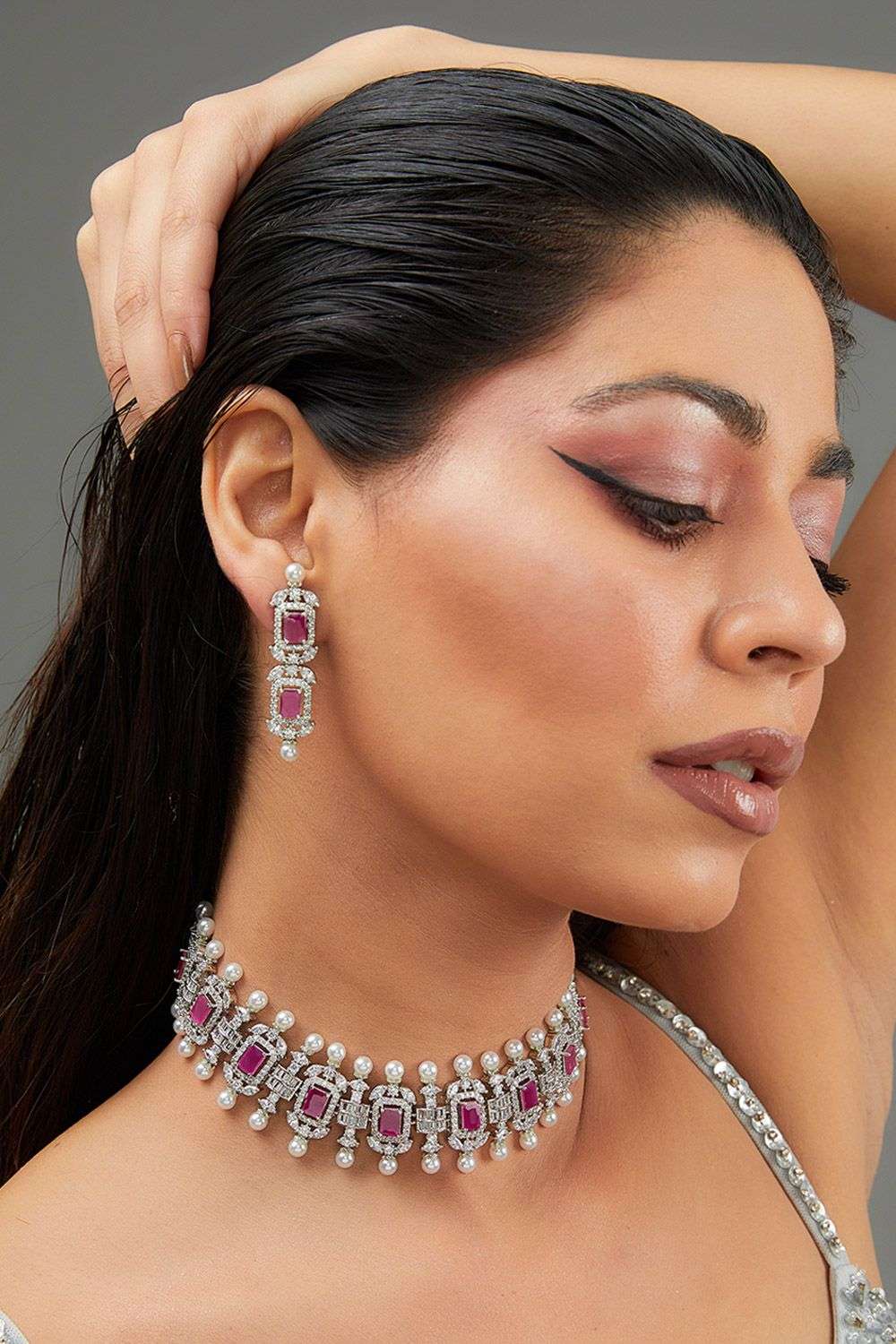 Pink Stone Diamond Choker Necklace With Studds