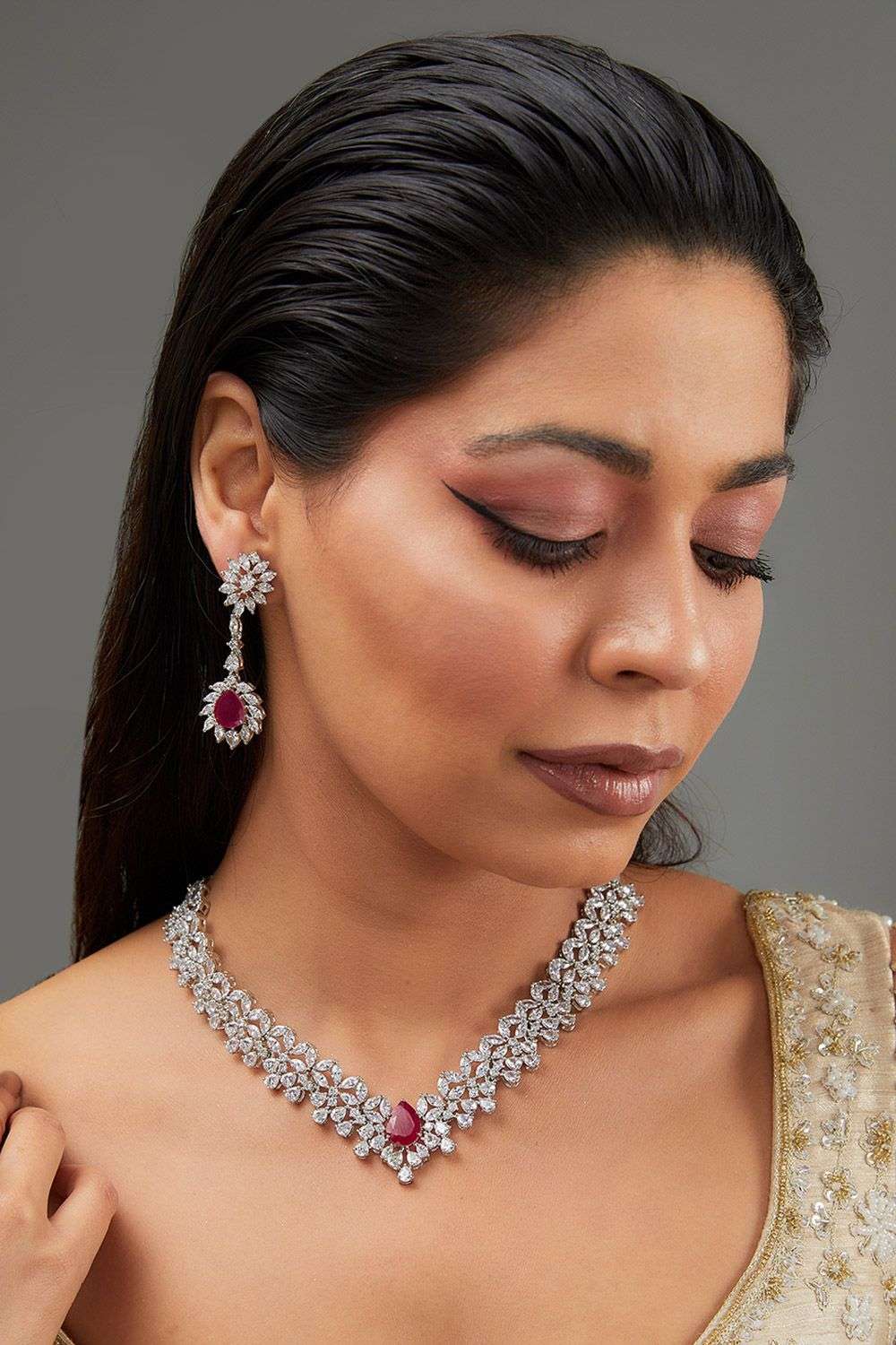 Pink Stone Small Faux Diamond Necklace Set