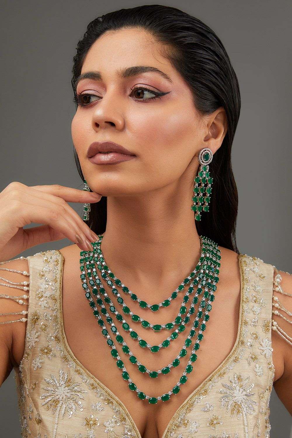 Green Faux Diamond Layered Statement Necklace Set