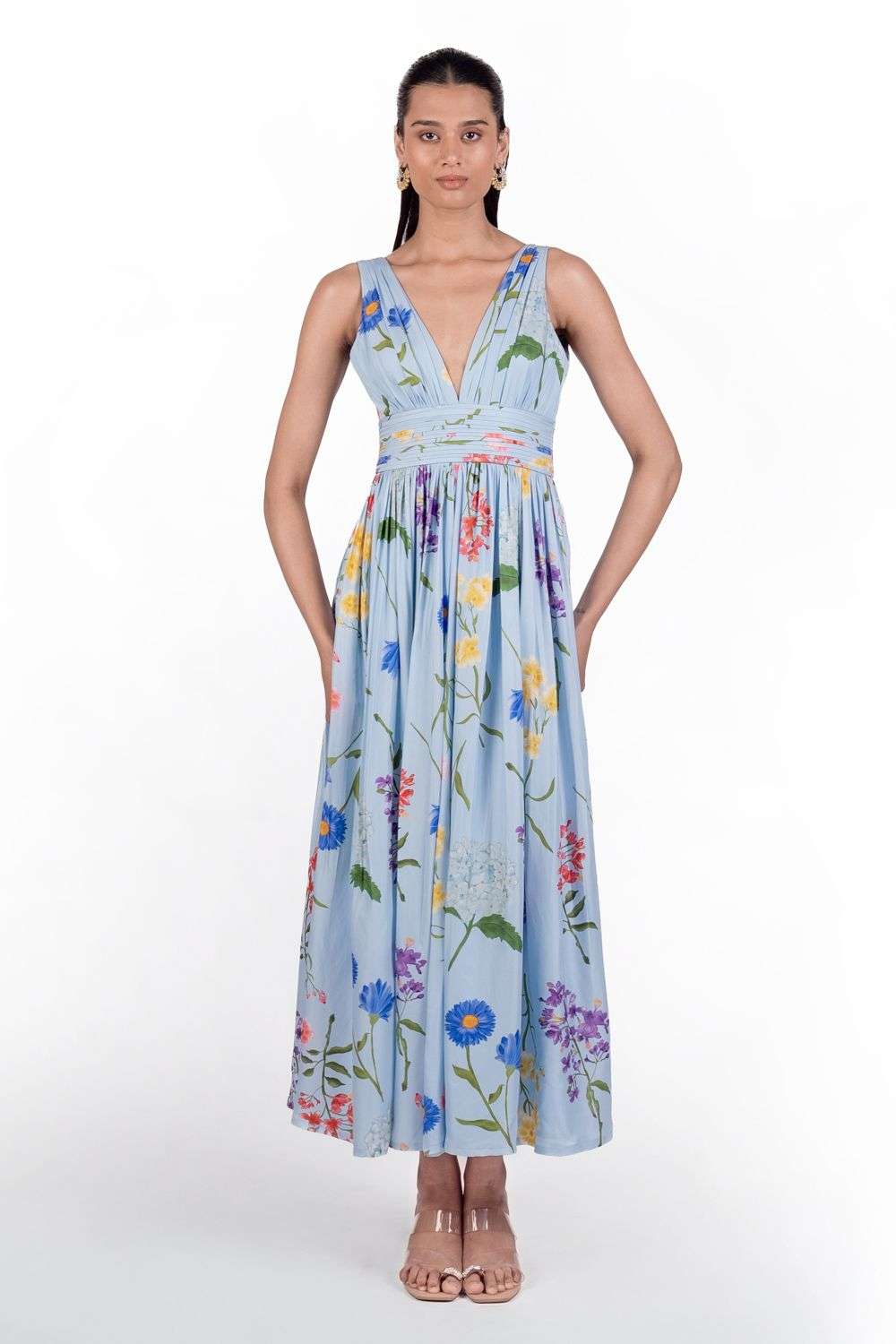 Blue Silk Floral Print Pleated Maxi Dress