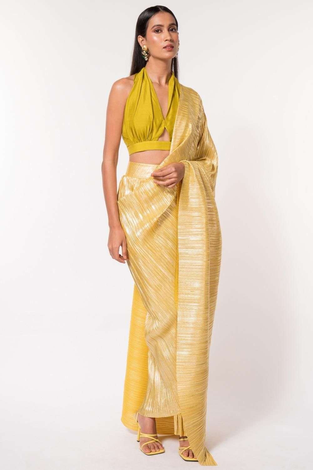 Buy 431-88 by Shweta Kapur Soft Yellow Pleated metallic Saris