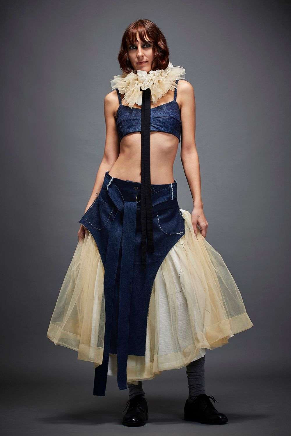 Blue Denim Printed Skirt With Tulle Cotton Frill
