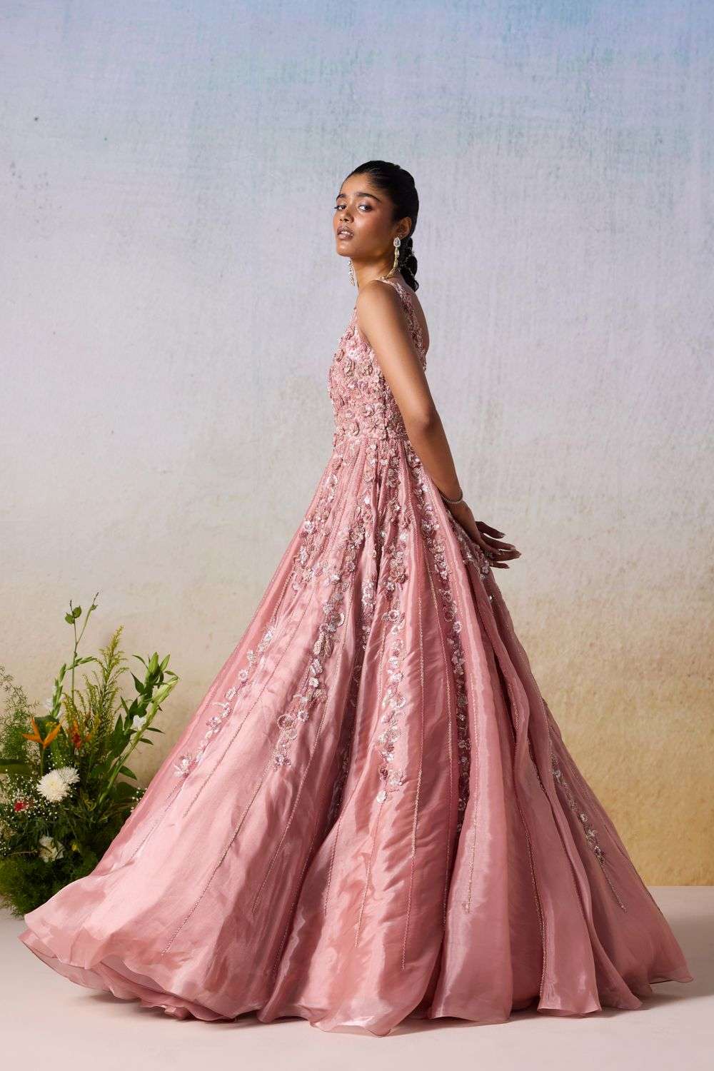 Buy Mirroir Soft Pink Metallic Tissue, Satin, Santoon FLORAL 3D