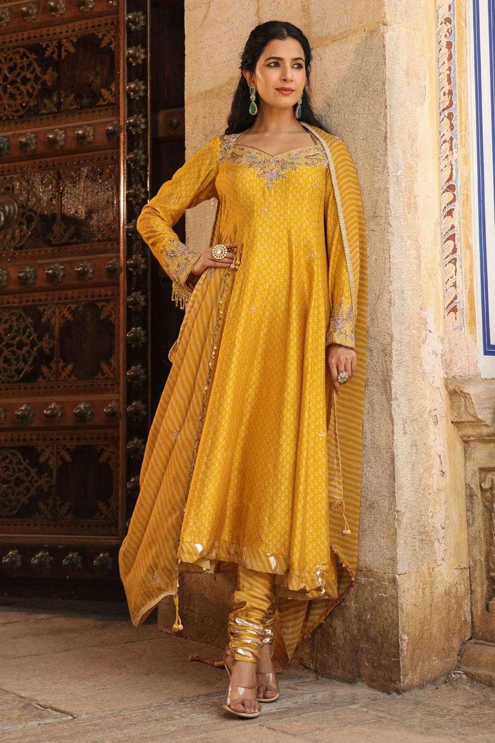 Buy Niti Bothra Soft Yellow Silk Base Anarkalis