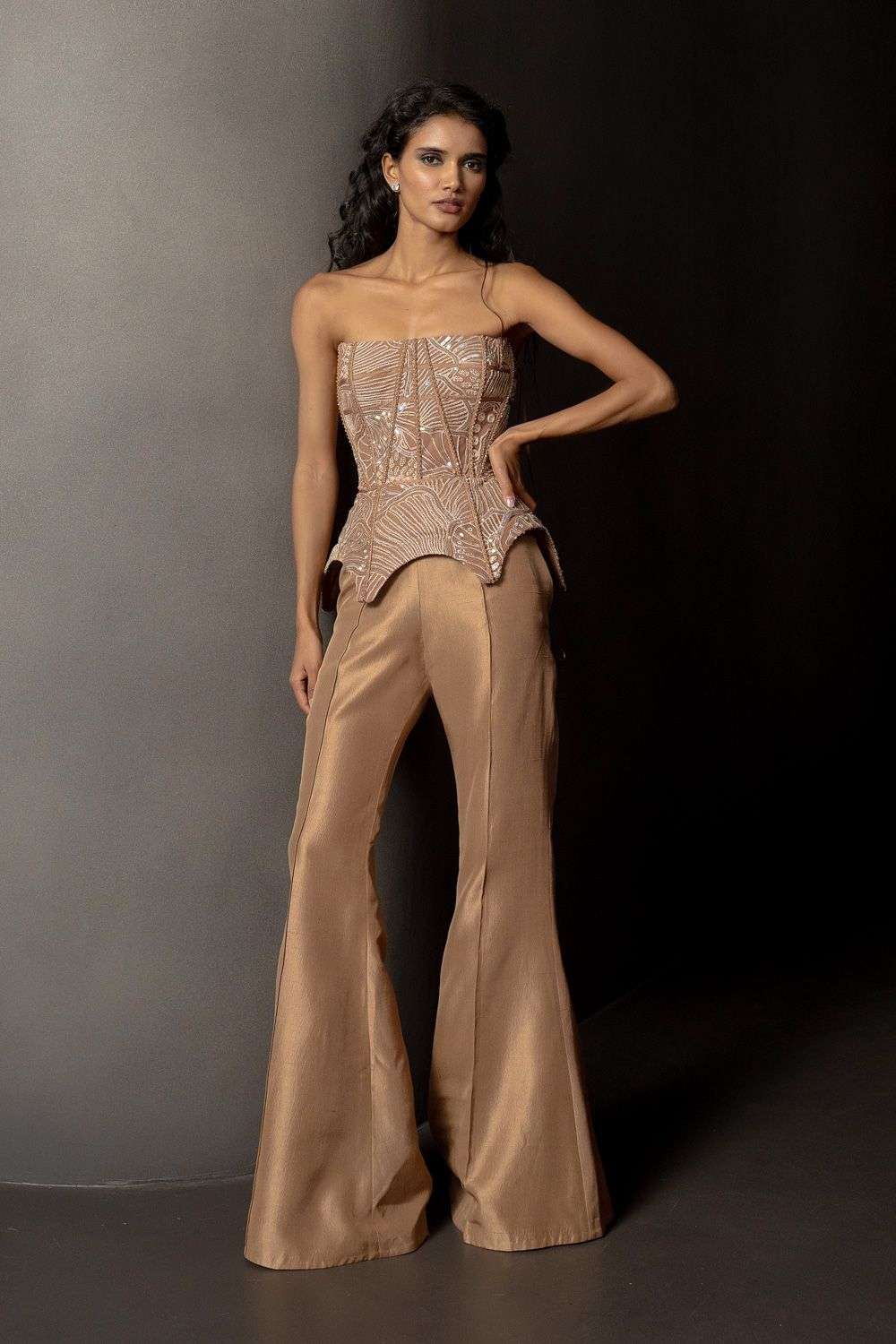 Buy Mishru Soft Brown Corset - Tulle | Pants - Silk Coordinate Sets