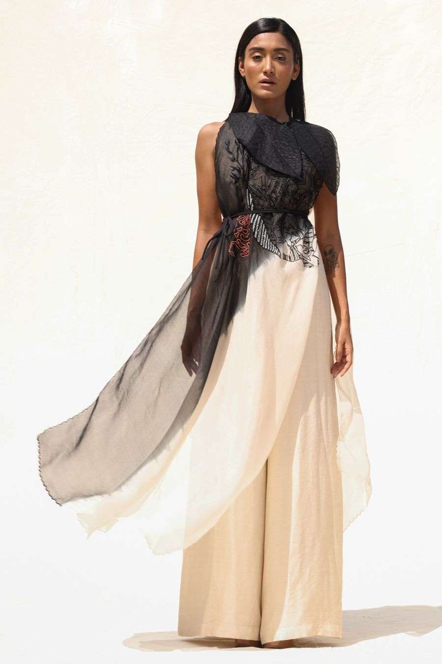 Crepe Material Jumpsuit Chiffon Styles Black Embellished Belted