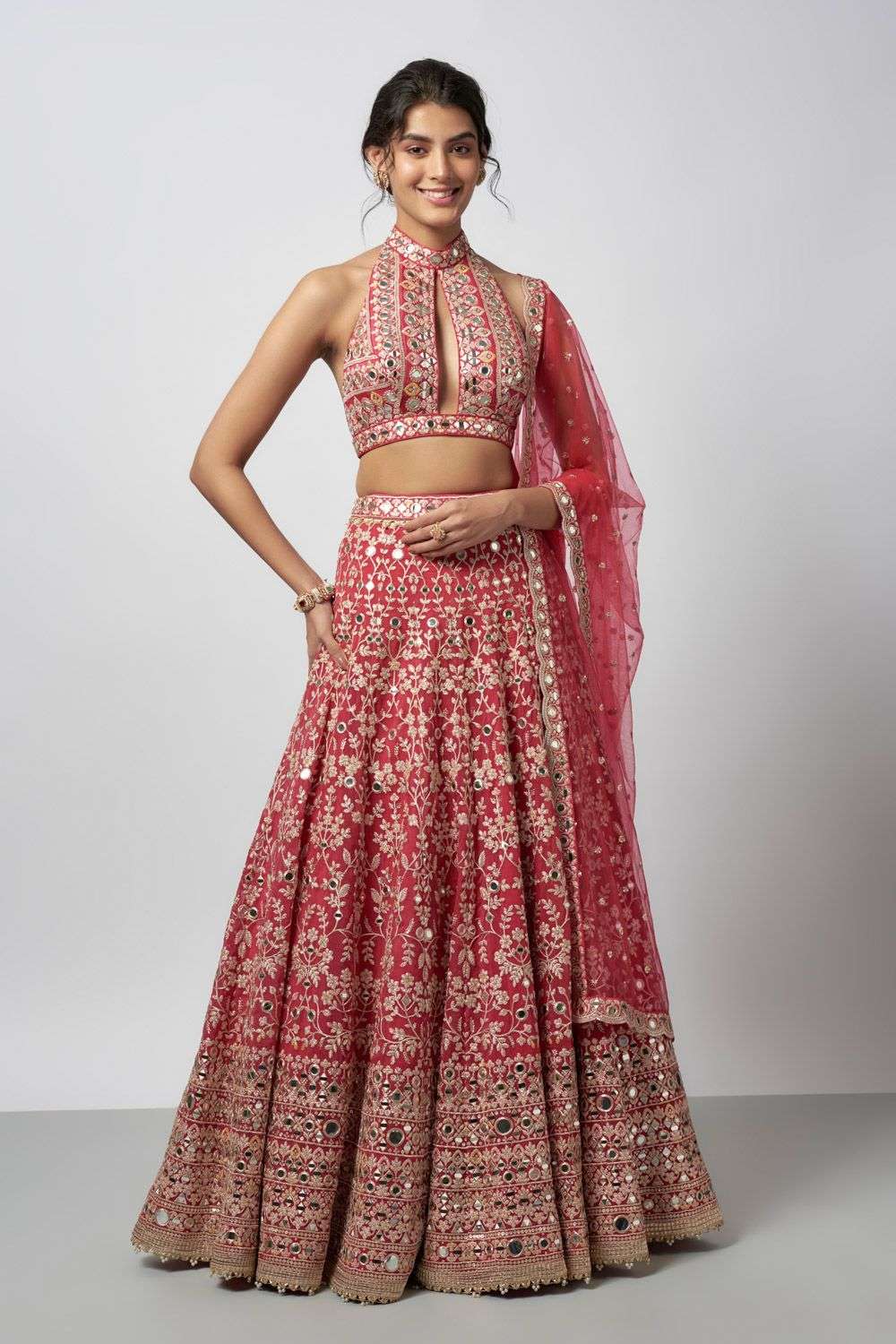 Cranberry Red Tussar Laanya Halter Neck Lehenga Set