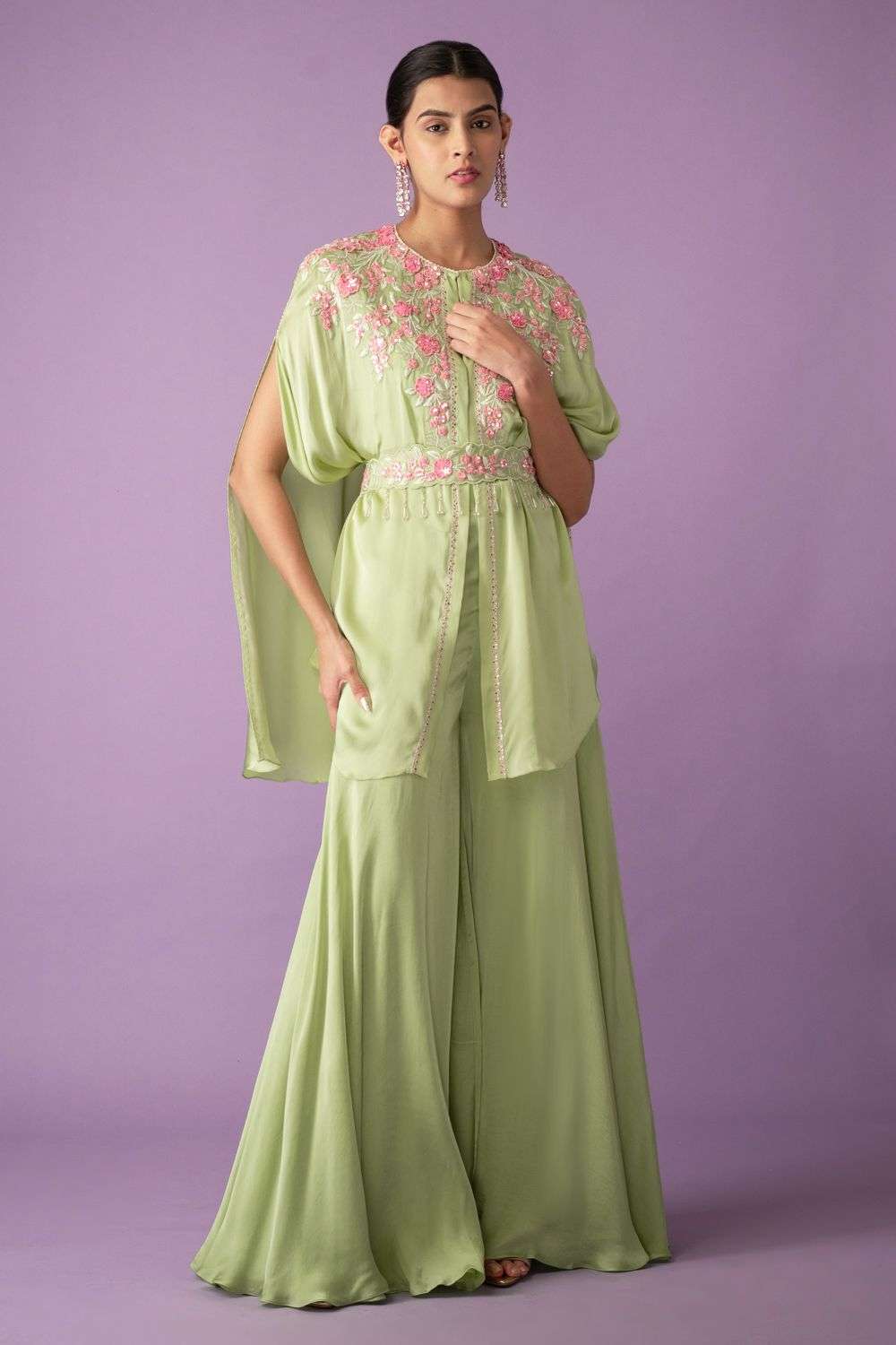 Buy Ahilian Soft Green Georgette/ Satin Thread & Sequins work  