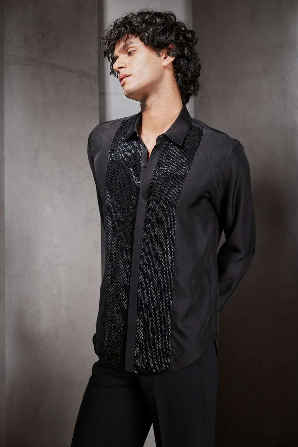 Black silk twill shirt with embroidered panel