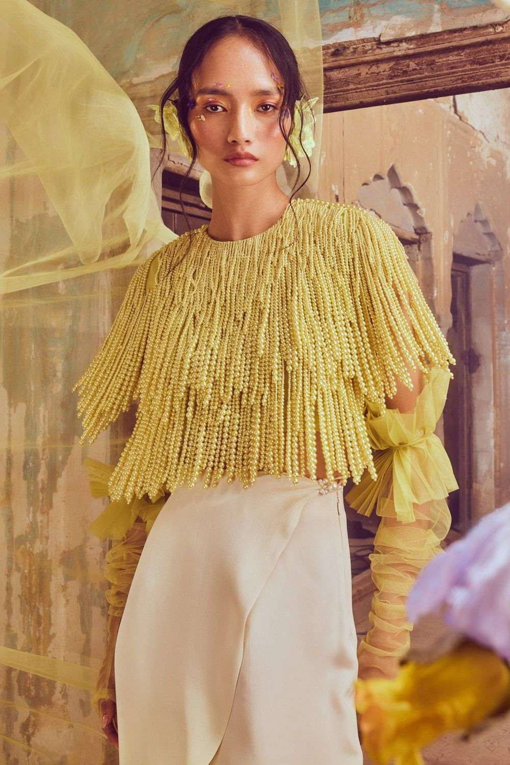 Buy Shriya Som Soft Green tulle Hand Embroidered Tops