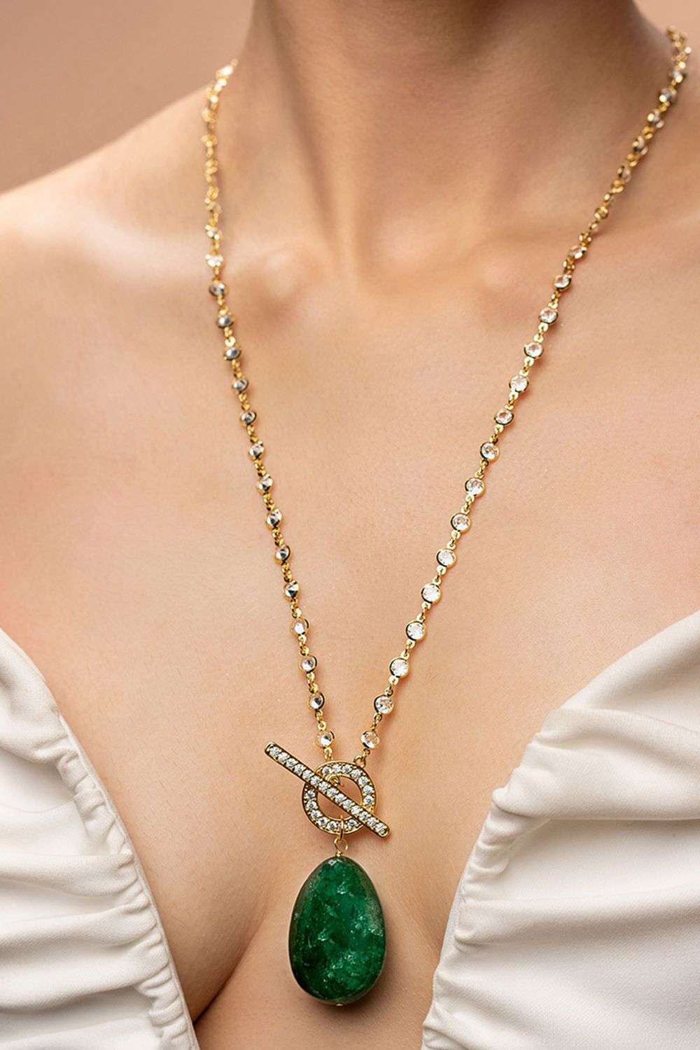 Buy Isharya Soft Green Stone, CZ, 18Kt Gold Plating on Brass Necklaces